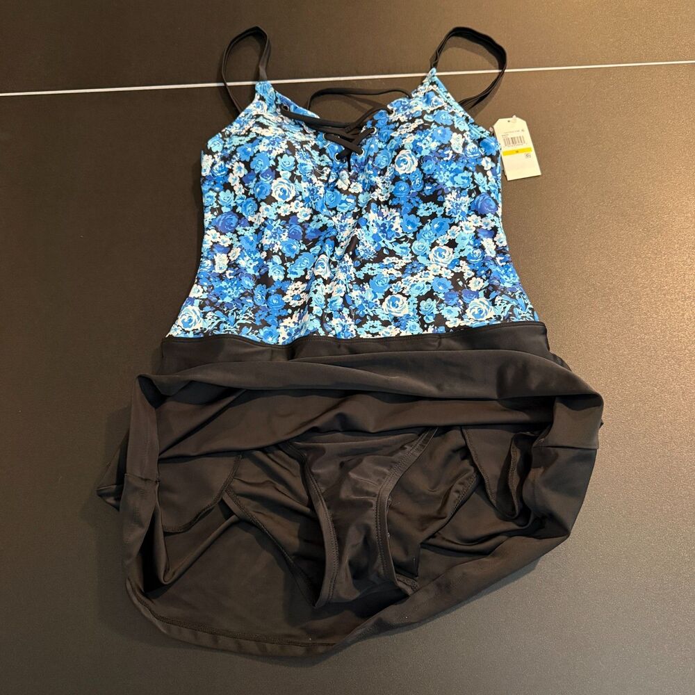 Nautica Slimming Lace-Up Swimdress Blue Floral One Piece Medium NWT - Picture 2 of 7